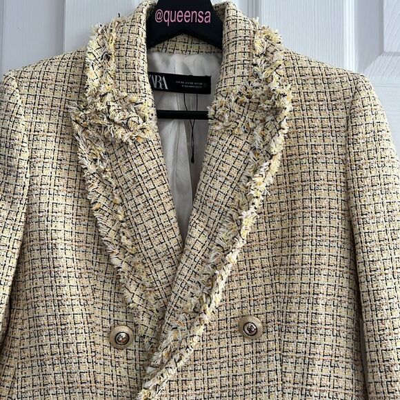 ZARA Double Breasted Tweed Weave Cropped Jacket - Picture 4 of 16